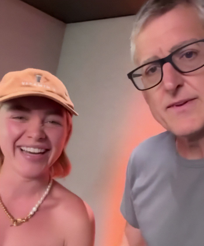 Florence Pugh and Zach Braff smiling together in a casual setting discussing their age gap and public reactions.