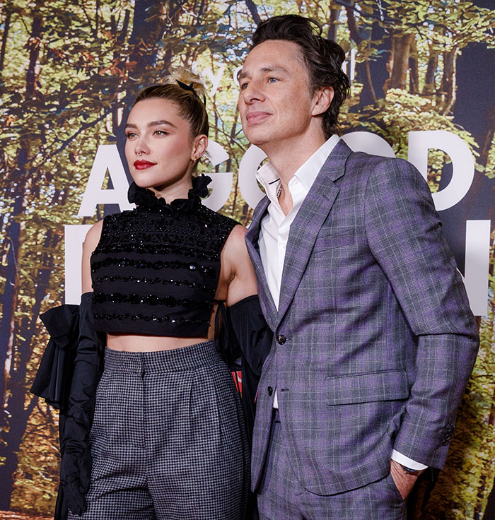 Florence Pugh and Zach Braff at a movie premiere, addressing the age gap and public reactions between them.