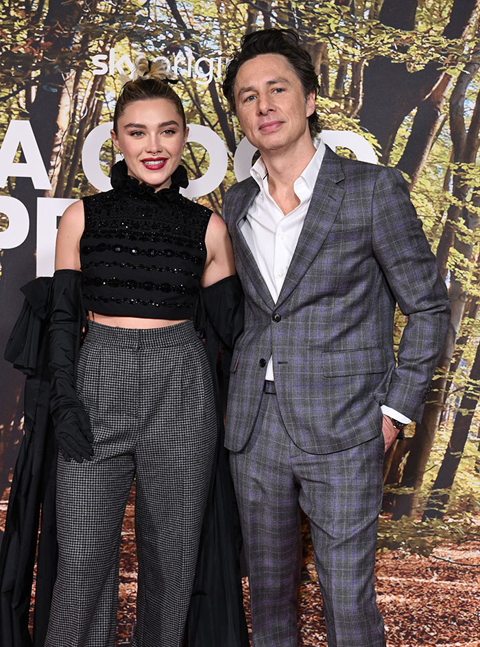 Florence Pugh and Zach Braff posing together at an event, addressing age gap and public reaction.
