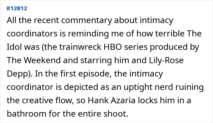 Screenshot of a Reddit comment discussing intimacy coordinators and difficult filming experiences related to the set environment.