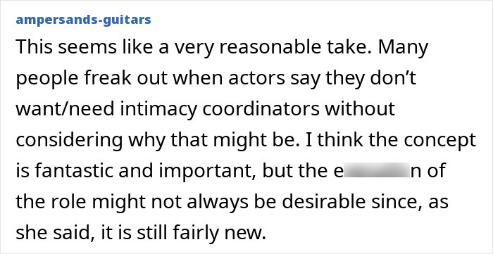 Screenshot of a comment discussing Florence Pugh breaking silence on a completely inappropriate experience during steamy scenes filming.