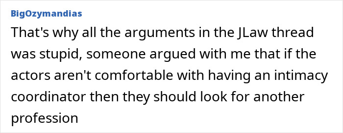 Text post by user BigOzymandias discussing actor comfort and intimacy coordinators during filming steamy scenes on set.