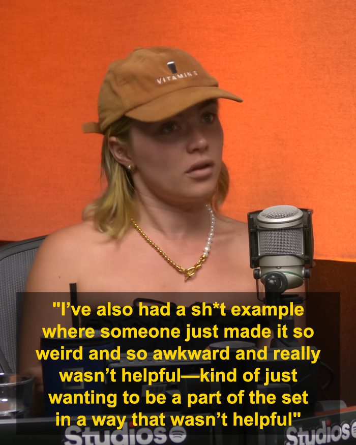 Florence Pugh discussing her completely inappropriate and awkward experience filming steamy scenes on set during an interview.