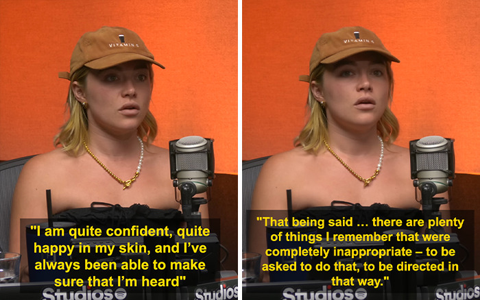 Florence Pugh speaking about her completely inappropriate experience filming steamy scenes on set during an interview.