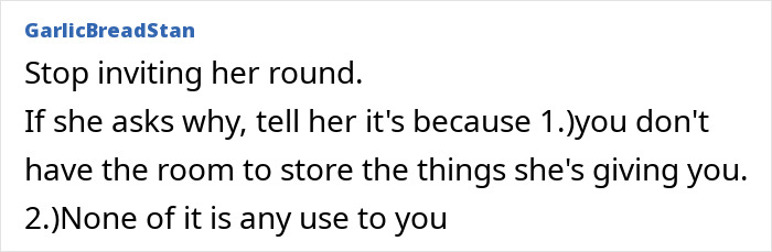 Text post discussing stopping a friend from gifting broken items to avoid clutter and useless possessions.