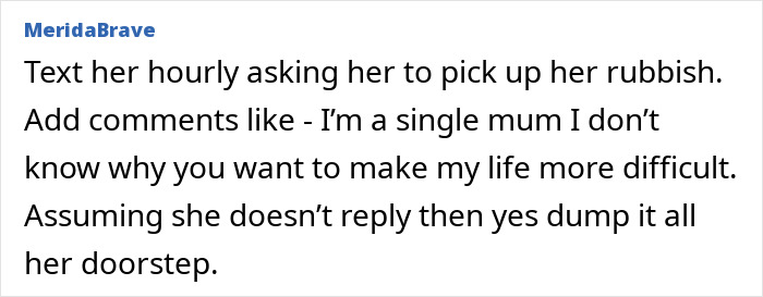 Screenshot of a social media comment discussing a dispute over gifting broken items and refusing to pick up rubbish.