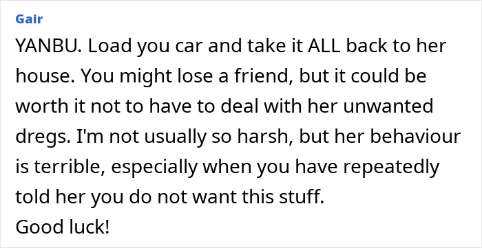 Screenshot of online comment about gifting broken stuff, discussing friendship and unwanted green gifts, highlighting disagreement and advice.