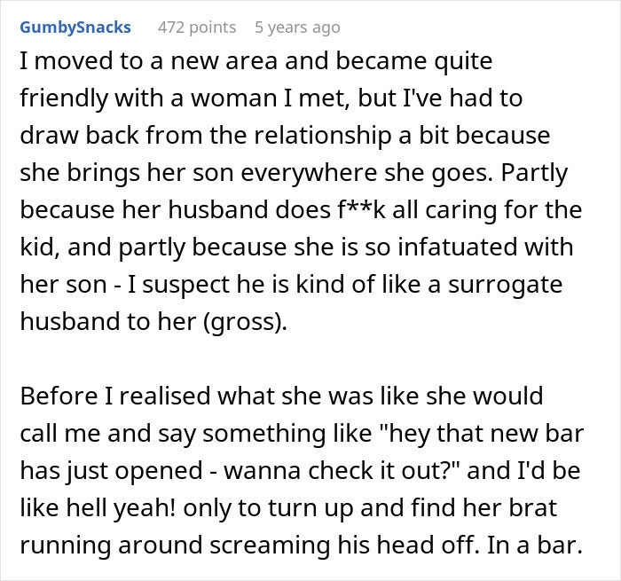 Screenshot of a Reddit post describing a friend who is clingy with her children and causes social tension.