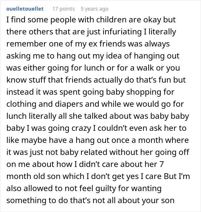 Text post from a social media user sharing frustration about a clingy friend's focus on her children during outings.