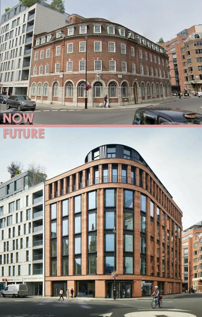 Comparison of modern architecture showing a redesign of a building from old brick style to sleek contemporary design.