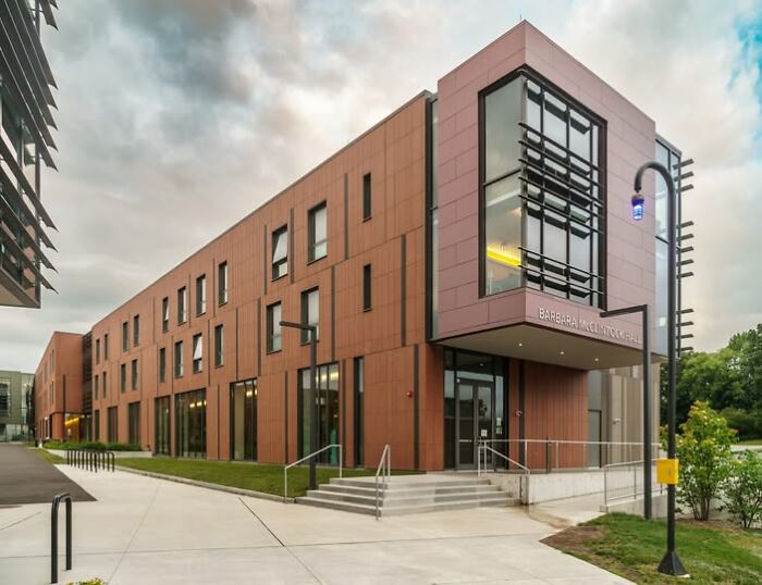 Modern architecture building with unesthetic design and large windows under a cloudy sky during daytime.