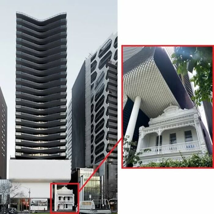 Modern architecture featuring a contrasting old house facade surrounded by towering unesthetic and ugly buildings in an urban setting.