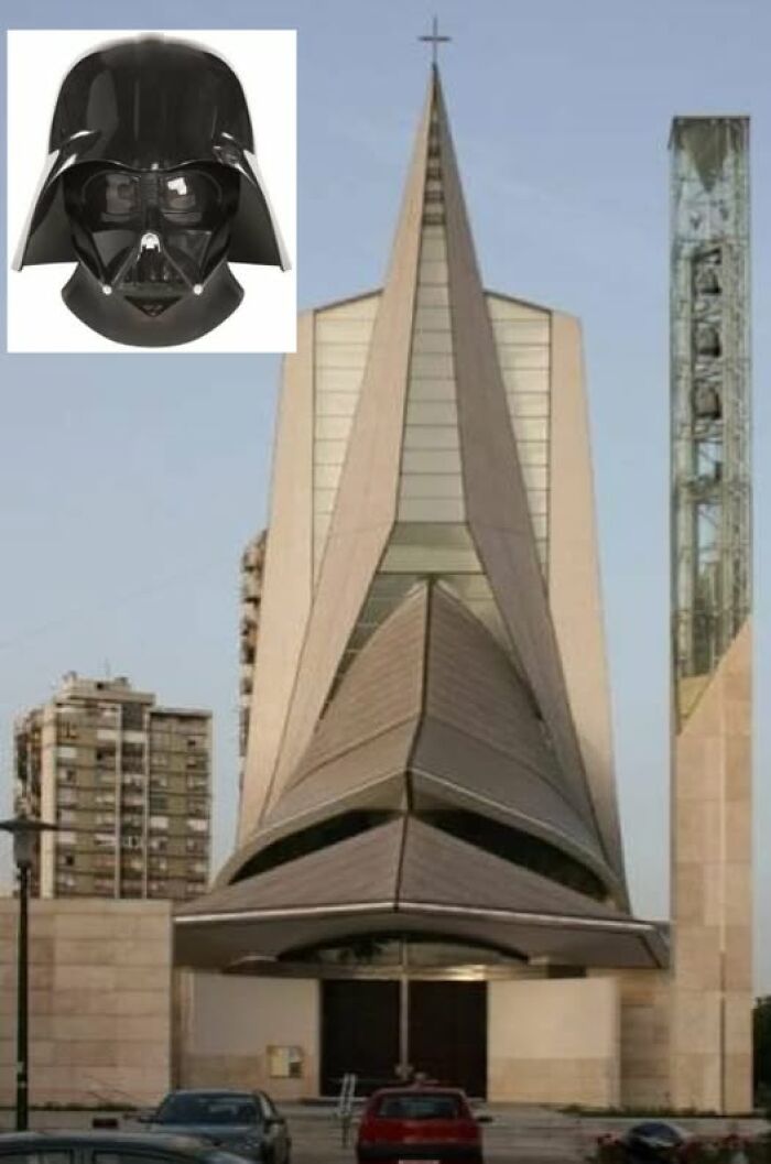 Modern architecture building with a design resembling Darth Vader’s helmet, one of the ugly and unesthetic structures.