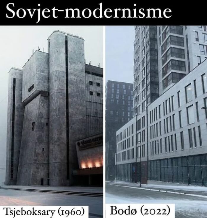 Brutalist and modernist buildings from Soviet-era to 2022 showing ugly, unesthetic architecture in cold urban settings.