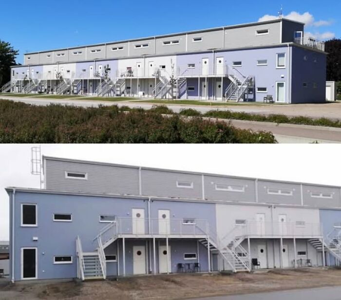 Two views of a plain, unesthetic building with repetitive doors and external staircases exemplifying ugly modern architecture.
