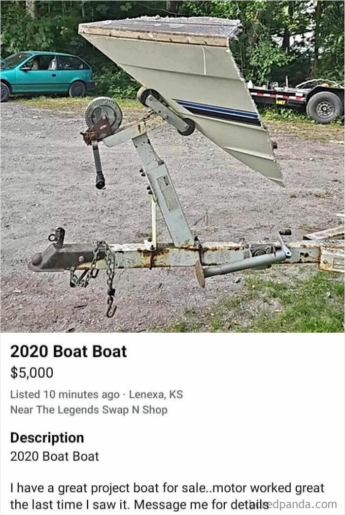 FB Marketplace listing showing a strange 2020 boat project with an incomplete boat hull and trailer for sale in Lenexa, KS.