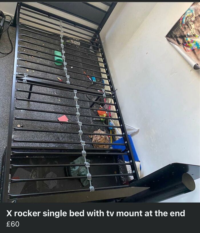 Metal single bed frame with TV mount at the end, shown in a cluttered room, illustrating unhinged FB Marketplace posts.
