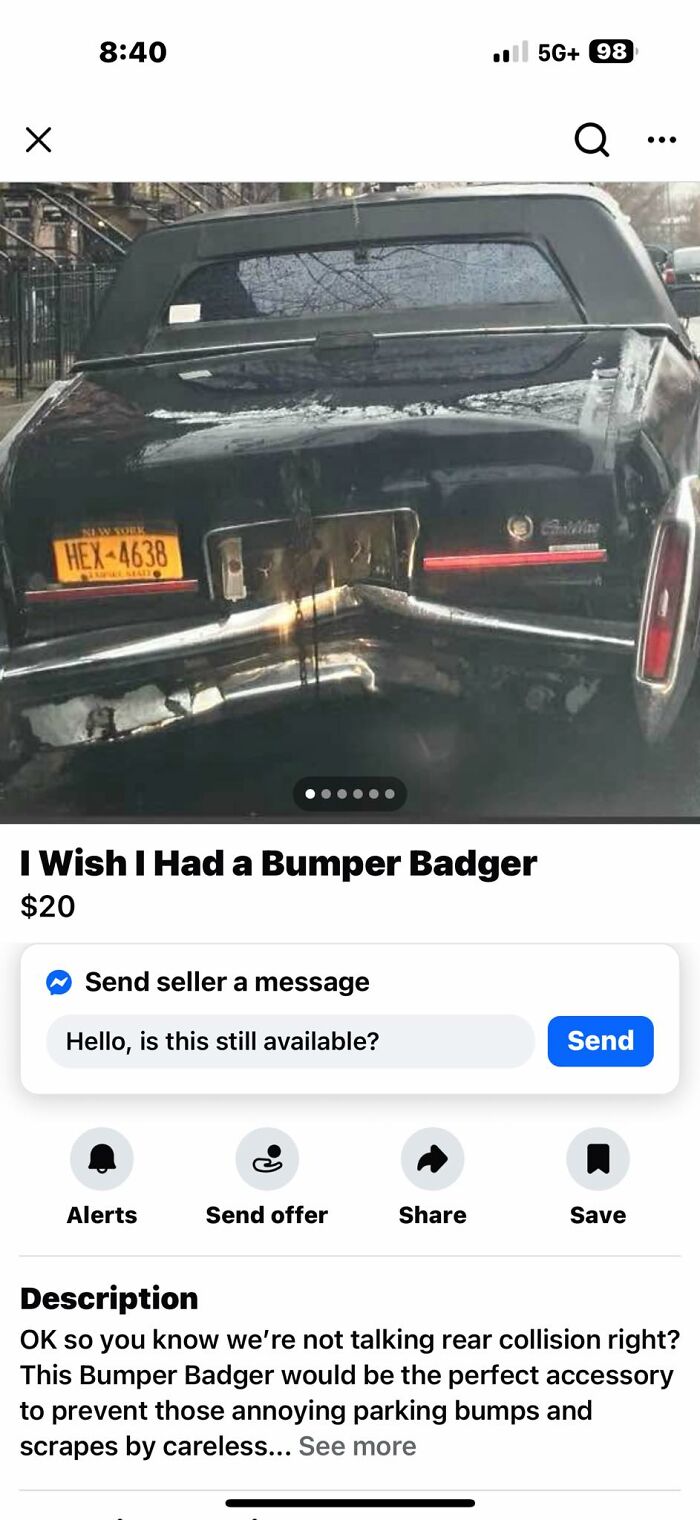 Damaged black Cadillac car with a bent rear bumper listed on FB Marketplace in a post featuring unhinged posts.