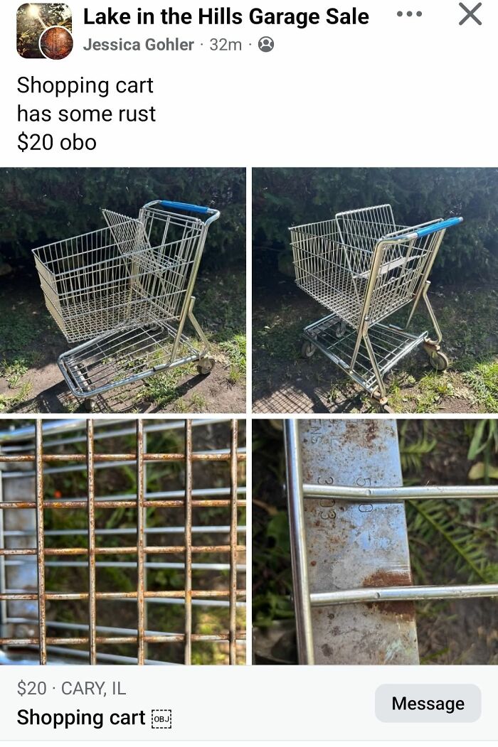 Rusty shopping cart for sale on FB Marketplace showcasing unhinged posts with detailed close-up views.