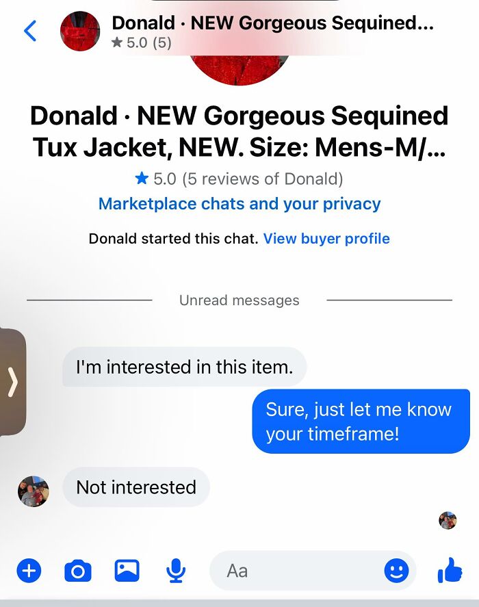 Conversation on FB Marketplace showing a buyer initially interested then suddenly not interested in the item.