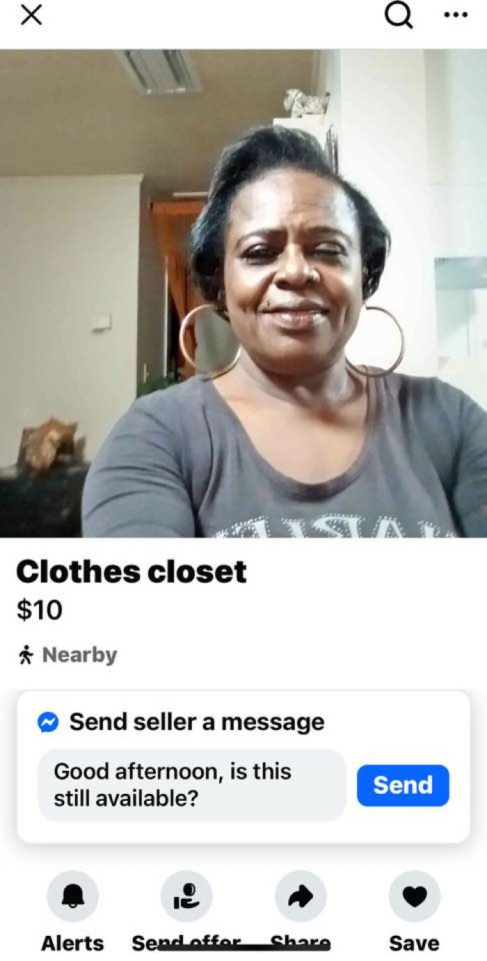Woman with large hoop earrings smiling in a listing titled clothes closet on FB Marketplace with unhinged posts theme.