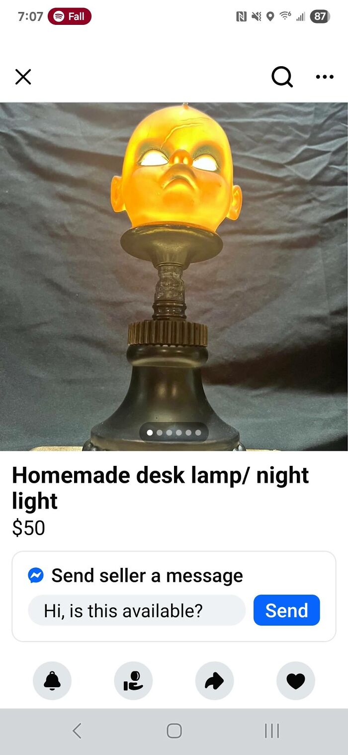 Unhinged FB Marketplace post showing a homemade desk lamp with a glowing creepy doll head as a night light.