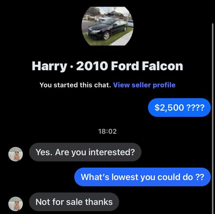Chat conversation on FB Marketplace showing a confusing negotiation for a 2010 Ford Falcon listed at $2,500.