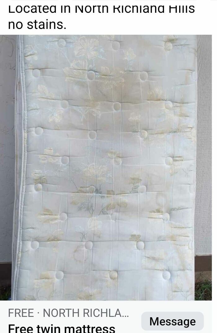 Worn and stained twin mattress listed on FB Marketplace showing unhinged and misleading post quality.