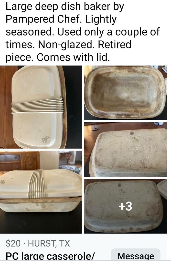 Large deep dish baker listing on FB Marketplace showing worn and used condition with lid included in unhinged posts.