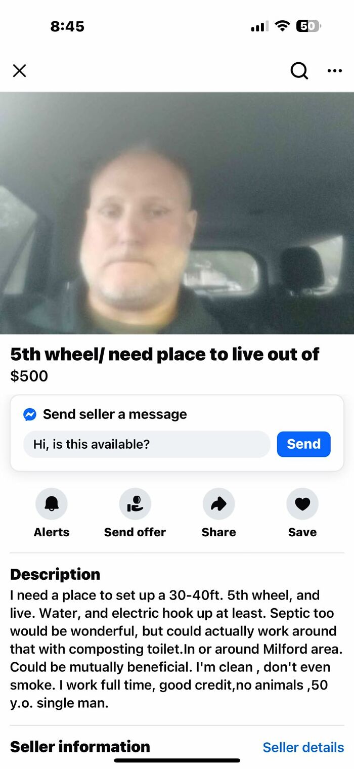 Man in car posting a FB Marketplace ad seeking place to live with 5th wheel, highlighting unusual and unhinged posts.