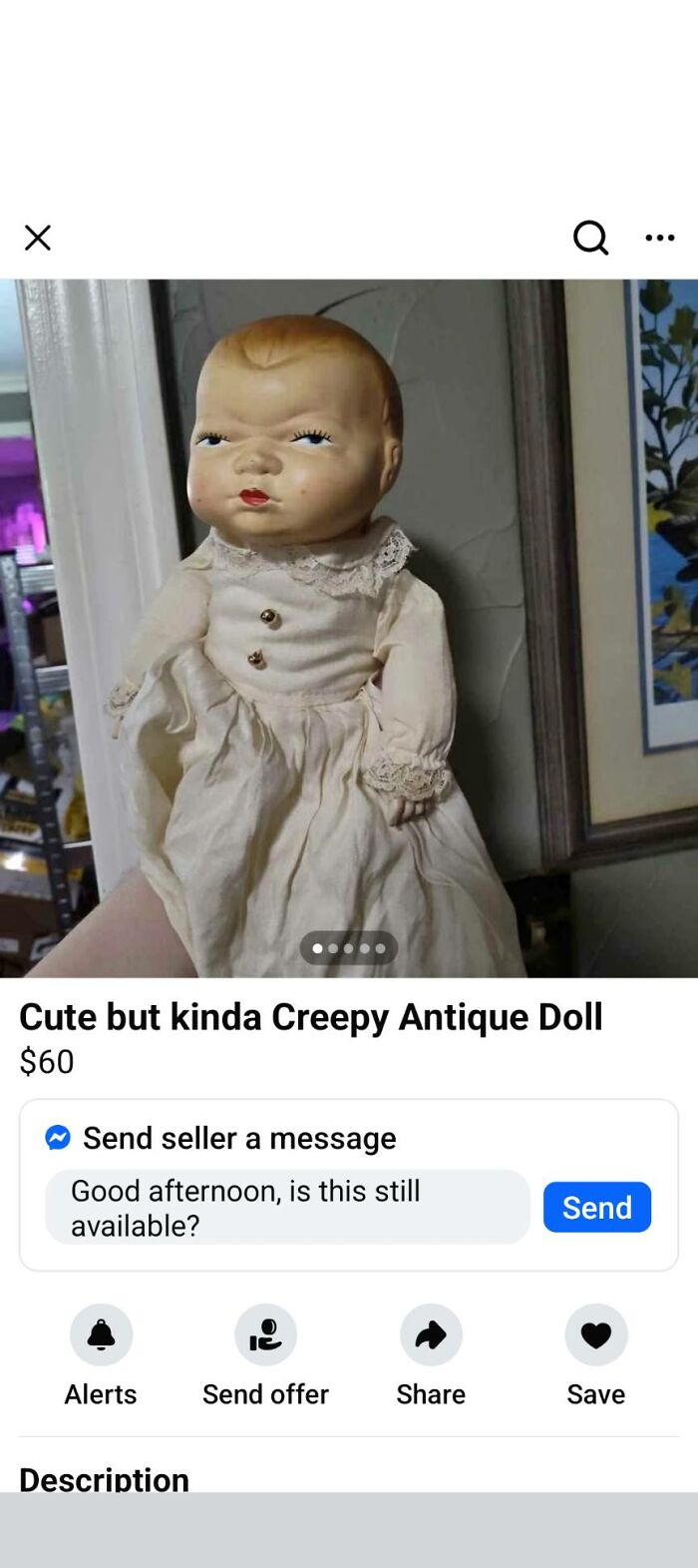 Creepy antique doll with a vintage white dress listed on FB Marketplace among unhinged posts.