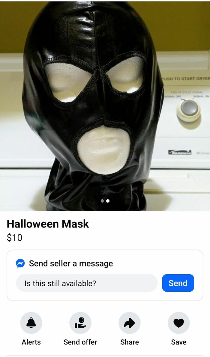Black Halloween mask displayed on a mannequin head in an unhinged FB Marketplace post listing.