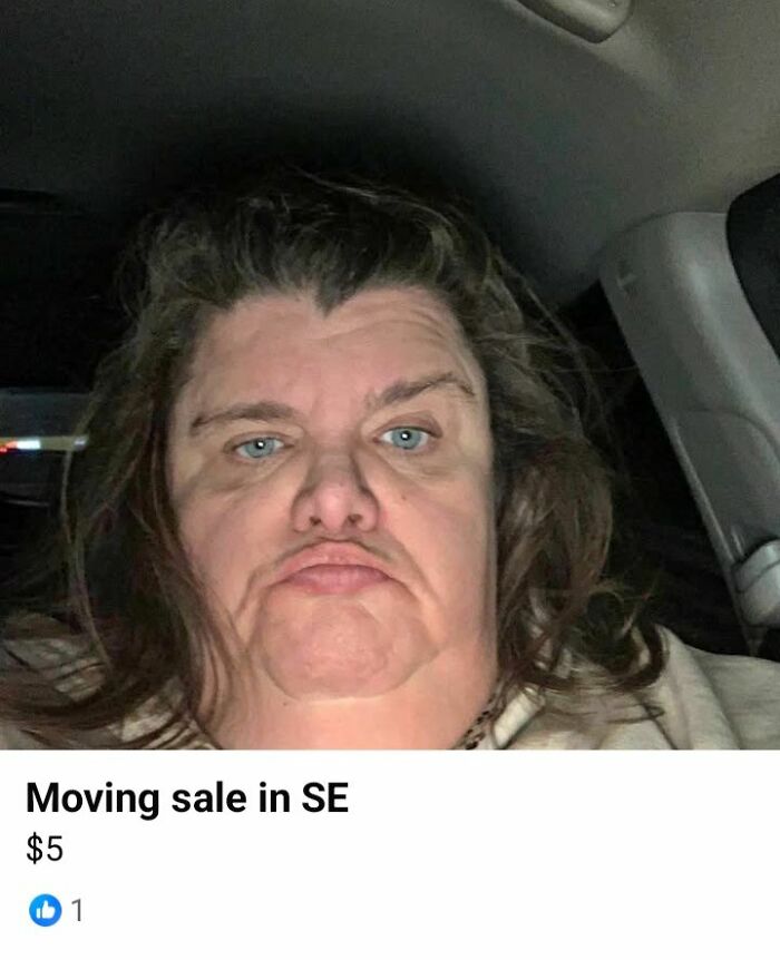 Close-up of a person with a serious expression in a car, featured in an unhinged FB Marketplace post.