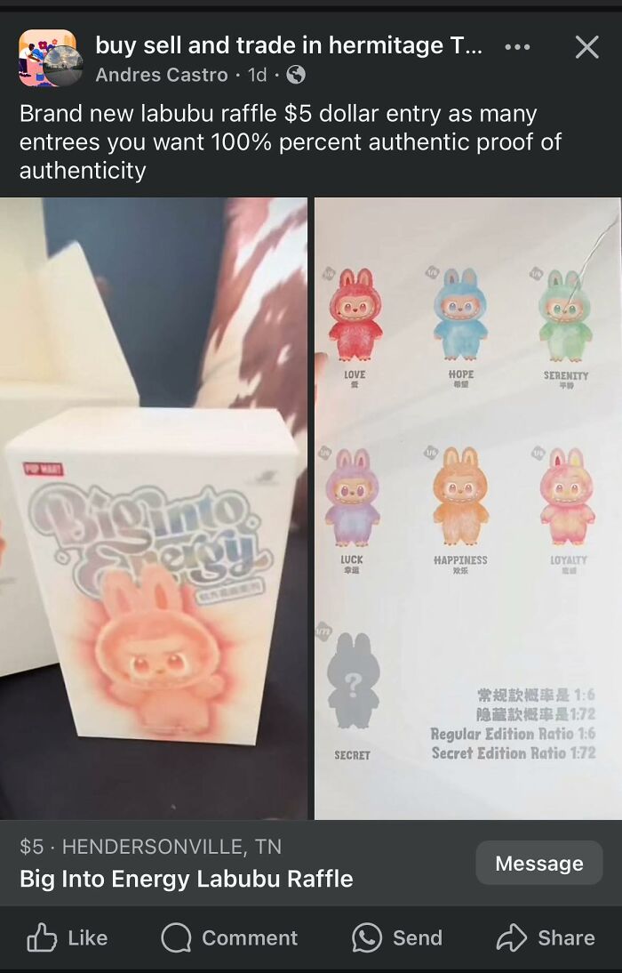 FB Marketplace post showing a $5 raffle for Big Into Energy Labubu collectible figures with cute character designs.