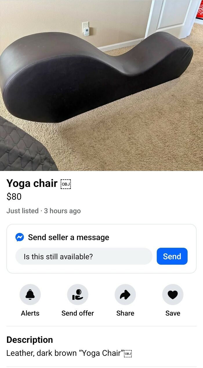 Unhinged FB Marketplace post showing a dark brown leather yoga chair listed for sale on a carpeted floor.