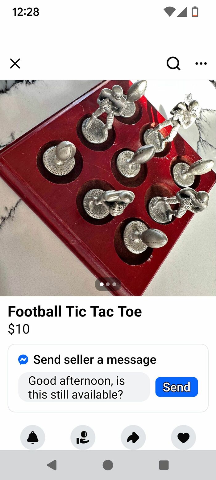 Football-themed tic tac toe set with metal player and ball pieces on a red board, featured in unhinged FB Marketplace posts.
