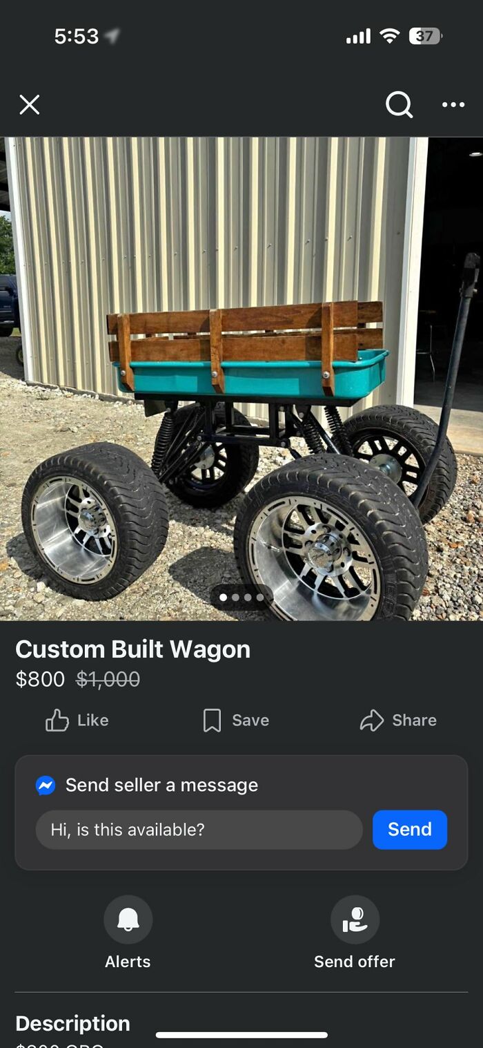 Custom built wagon listed on FB Marketplace with oversized wheels and wooden side panels in an outdoor setting.