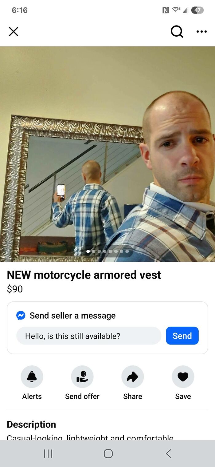 Man in a plaid shirt taking a mirror selfie in a Facebook Marketplace post with unhinged listing for armored vest.