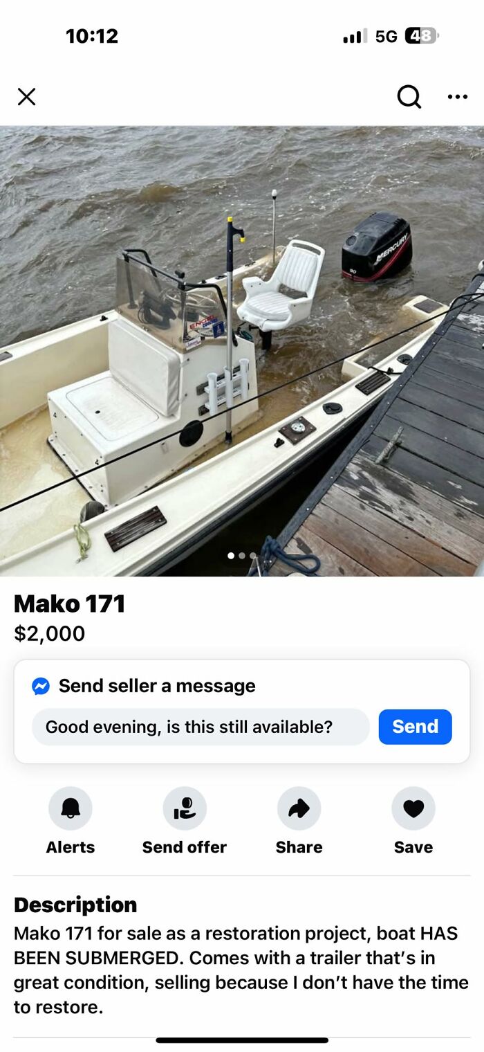 FB Marketplace listing shows a partially submerged Mako 171 boat for sale as a restoration project.