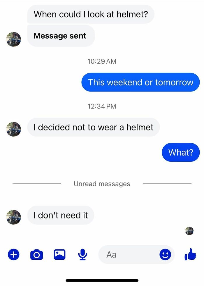 Chat conversation on FB Marketplace showing an unhinged post about refusing to wear a helmet despite interest.