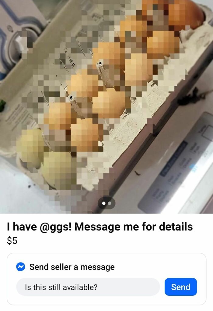 Unusual FB Marketplace post showing a container with multiple eggs listed for $5 in a casual setting.