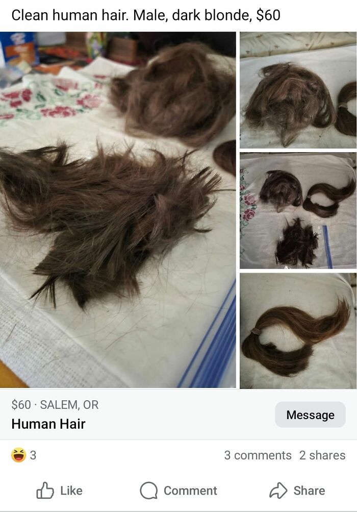 Clumps of dark blonde human hair laid out on a floral tablecloth in an unusual Facebook Marketplace listing.