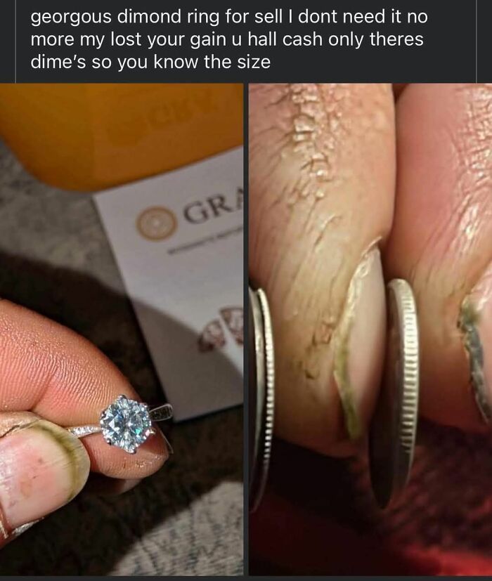 Close-up of a diamond ring being sold with coins on a person’s fingers showing unhinged FB Marketplace post details.
