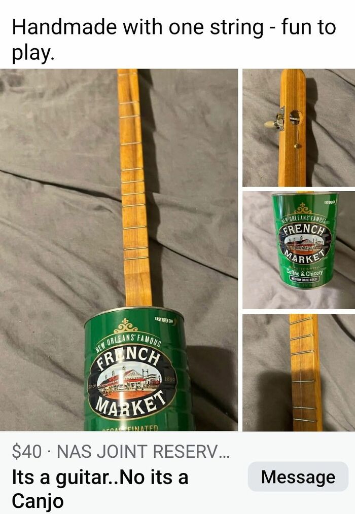 Handmade one-string canjo made from a coffee can, featured in unhinged FB Marketplace posts collection.