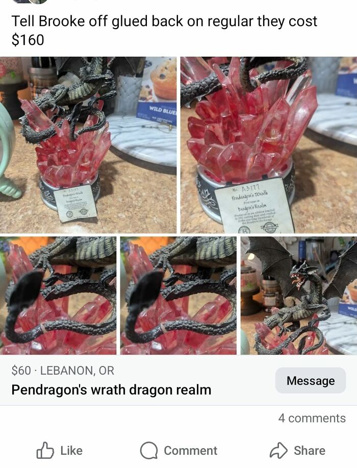Dragon figurine with red crystal base listed on FB Marketplace, showcasing one of the most unhinged posts.