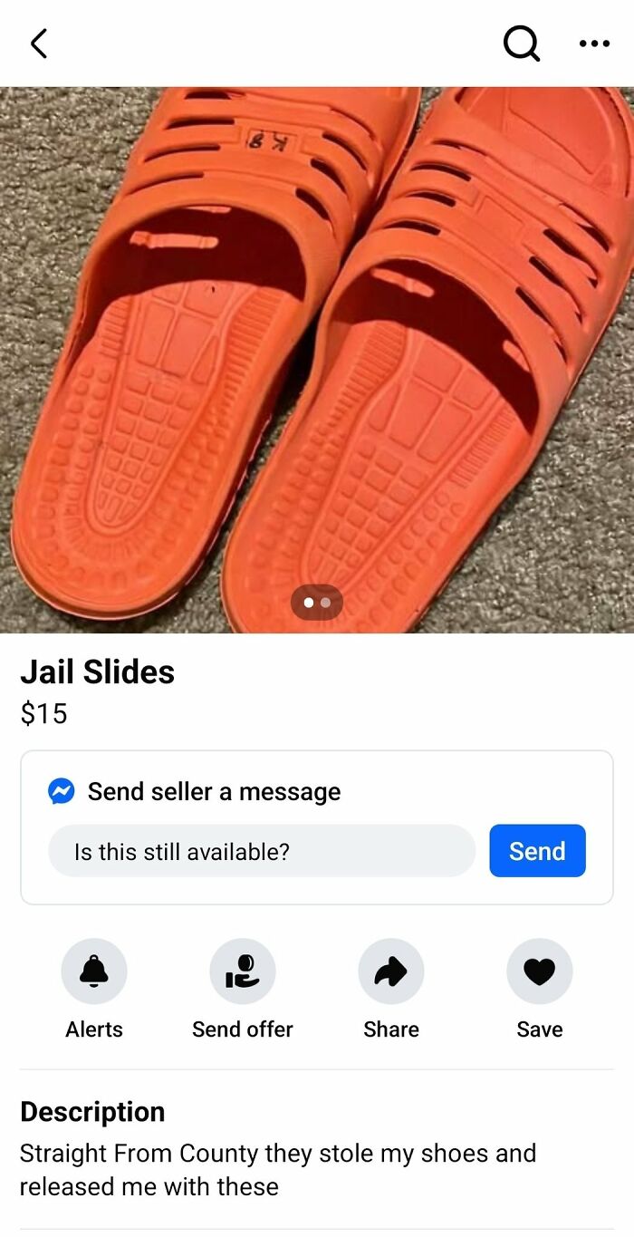 Pair of bright orange slip-on slides listed on FB Marketplace showcasing unhinged posts humor on casual footwear sales.