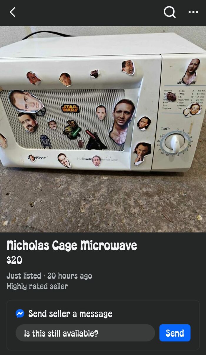 White microwave covered in multiple Nicholas Cage face stickers listed on FB Marketplace in unhinged posts collection.