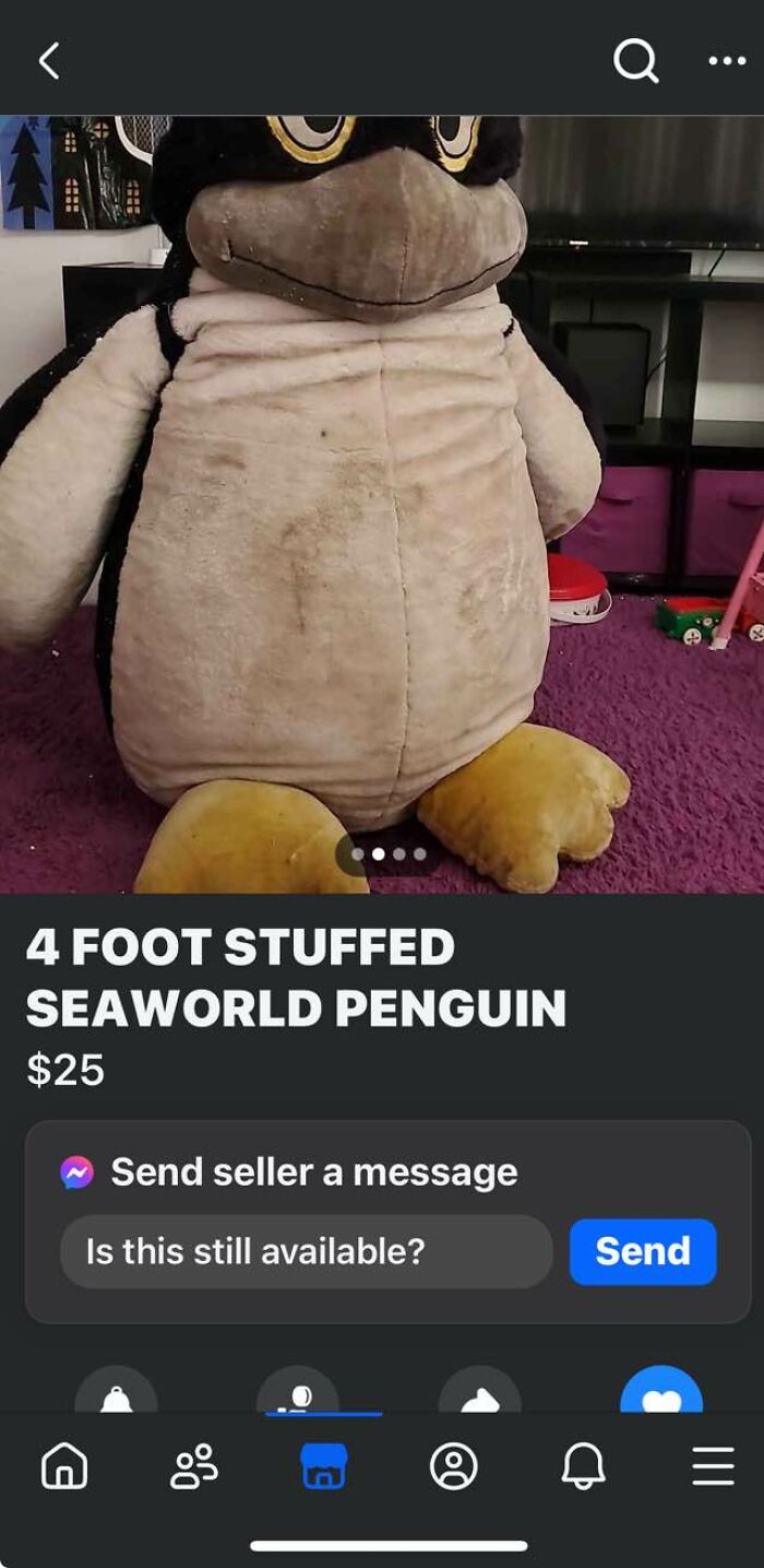 Large 4-foot stuffed penguin listed on FB Marketplace, showing unhinged and unusual posts for sale online.