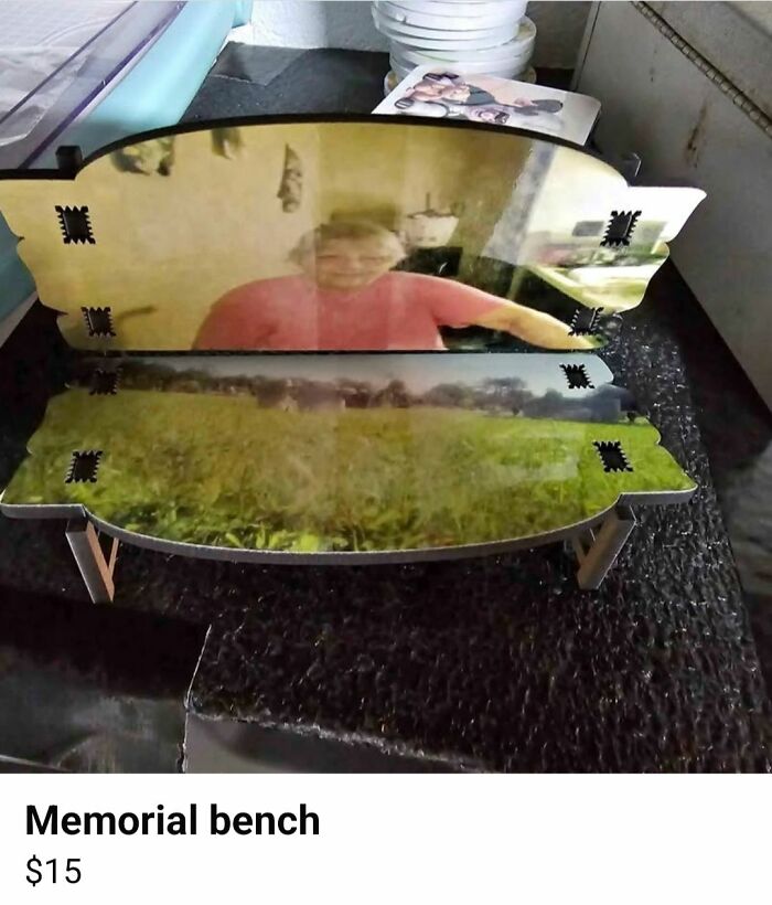 Bench with a reflective surface showing a distorted face and a landscape, listed on FB Marketplace with unhinged posts.