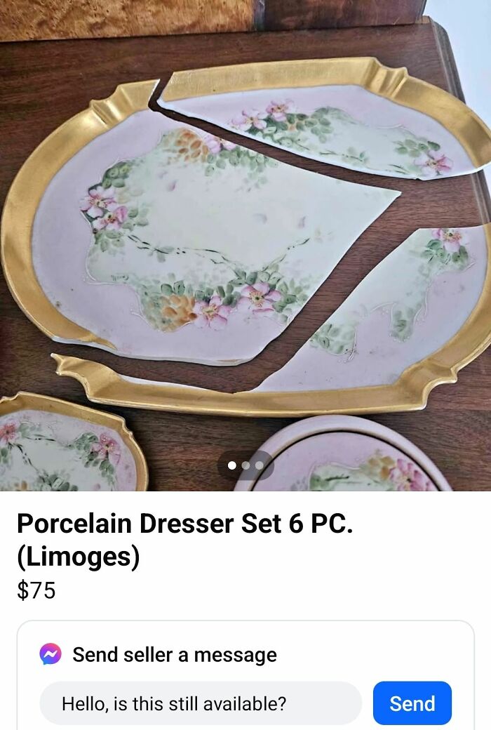 Broken porcelain dresser set with floral pattern listed on FB Marketplace with unhinged posts theme.